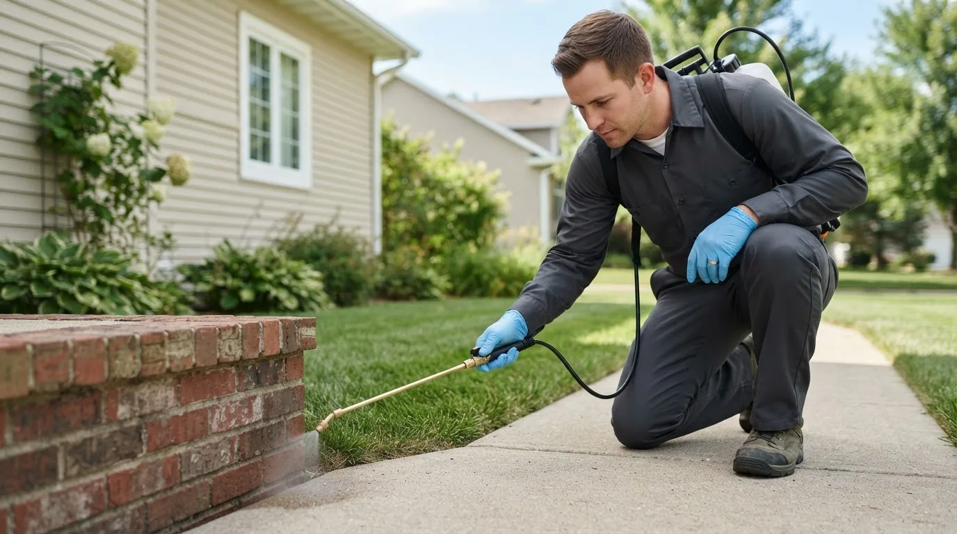 Pest control technician treating a home near Abbyville, KS