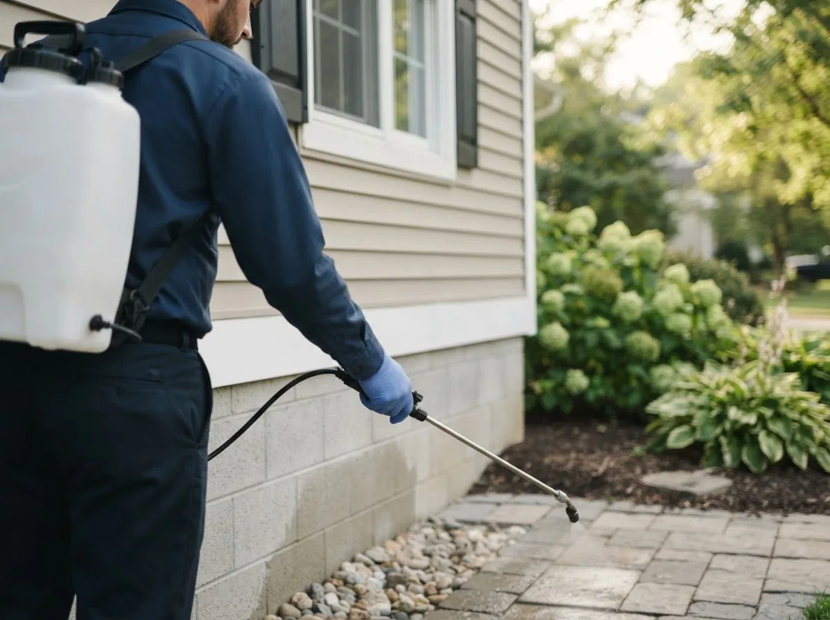 Pest control technician inspecting a home in Abbyville, KS
